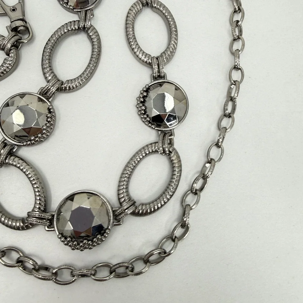 Gunmetal Chain Link Belt with‎ Large Faceted Grey Crystals and Textured Ovals